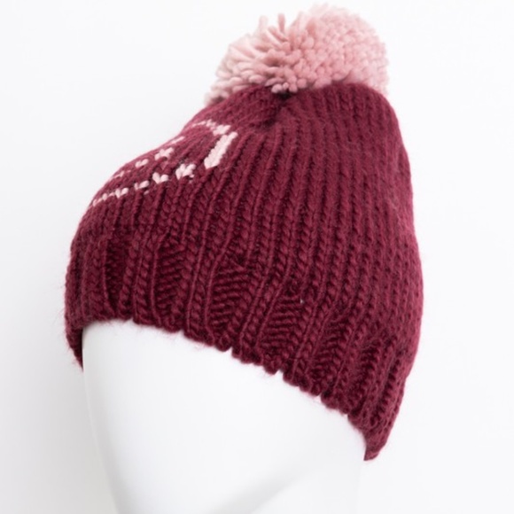 Cozy Burgundy Smiley Face Pom Pom Knit Beanie - Picture 3 of 3